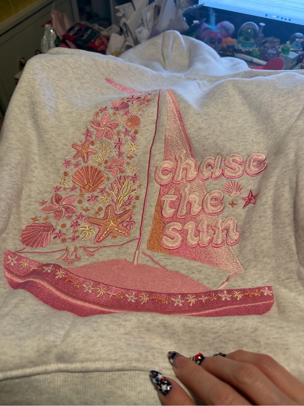 Pink Palm Puff Hoodie - Bold Coral Print - Picture 8 of 12